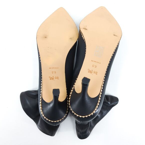 Coach Women 6.5 Wynie Booties Boots Black Leather Slouch Stud Trim Pointed Cinch - Picture 9 of 10